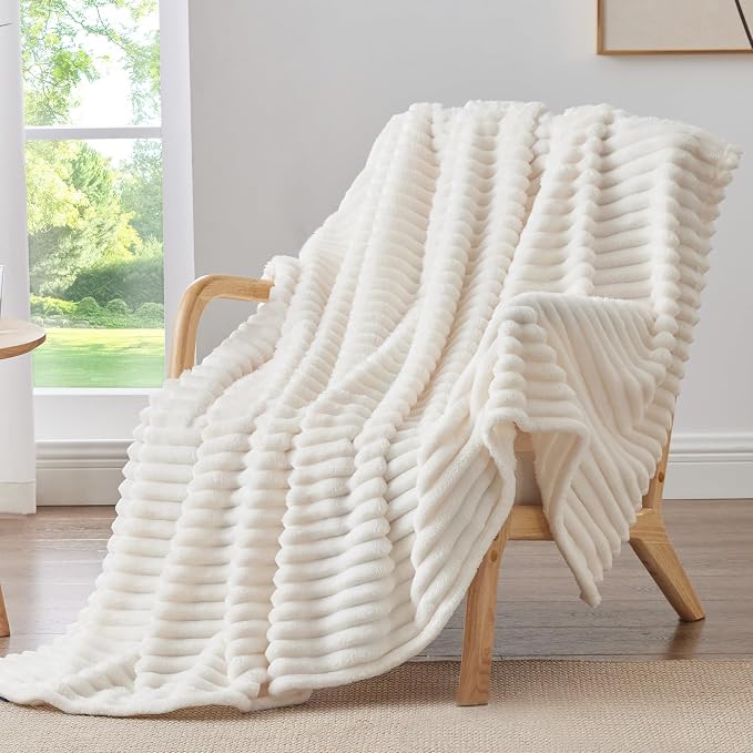BEDELITE Ribbed Fleece Throw Blanket for Couch, Cream, 50"x70" | Ultra-Soft Plush Fleece, Warm Yet Lightweight, Ribbed Texture, Home Decor, Machine Washable, Giftable, All-Season Use
