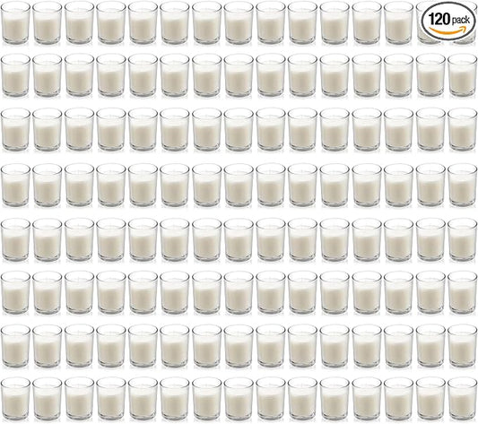 Housecret 120 Pack Warm White Unscented Clear Glass Filled Votive Candles. Hand Poured Wax Candle Ideal Gifts for Aromatherapy Spa Weddings Birthdays Holidays Party