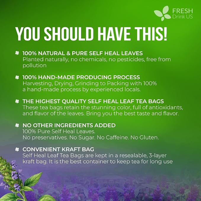 FreshDrinkUS, Premium Self Heal Leaves Tea | 75 Tea Bags | Premium Dried Self Heal Herb for Herbal Tea – Naturally Caffeine-Free, Clean & Convenient Tea Bags. Sugar-Free. Vegan