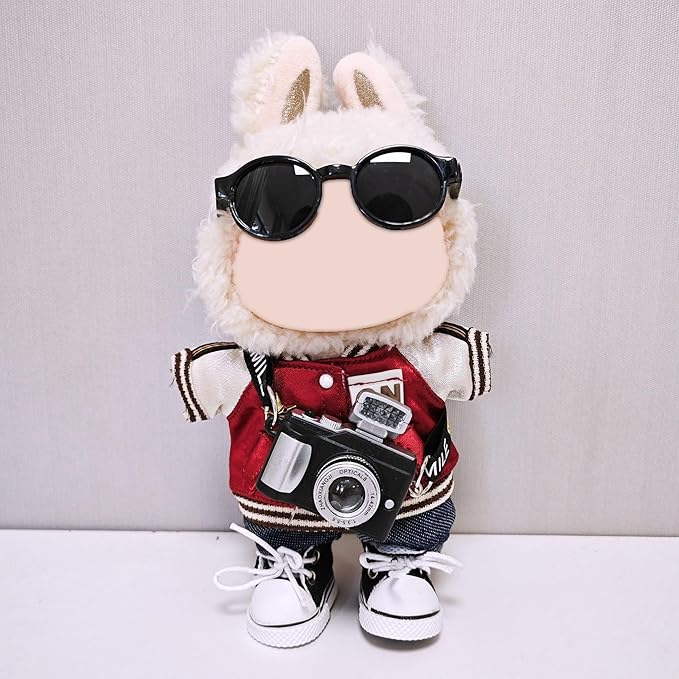 Doll Outfit Set for 17cm Dolls, 4 Piece Clothes Set for Labubu, Premium Fashion Clothes for Labubu Dolls Accessories Suit,Baseball Jacket+Jeans+Canvas Shoes+Glasses