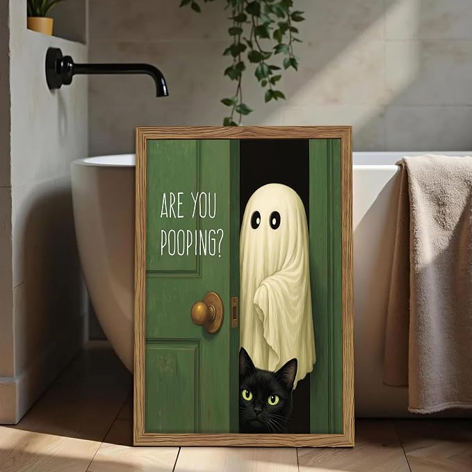 Funny Halloween Bathroom Wall Art, Vintage Cute Ghost Cat Canvas Wall Decor Paintings, Funny Are You Pooping Artwork Poster Print Picture for Bathroom Restroom 16x24 Inch Framed