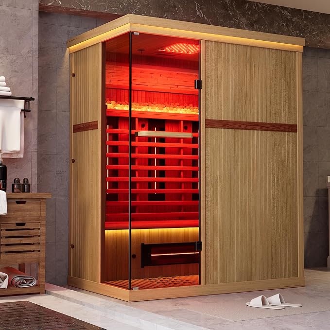 MEISSALIVVE Full Spectrum Sauna for Home, 3 Person Indoor Infrared Spa Room with 10 Minutes Warm-up Heat, Canadian Hemlock Wood Home Sauna with Bluetooth and Tempered Glass