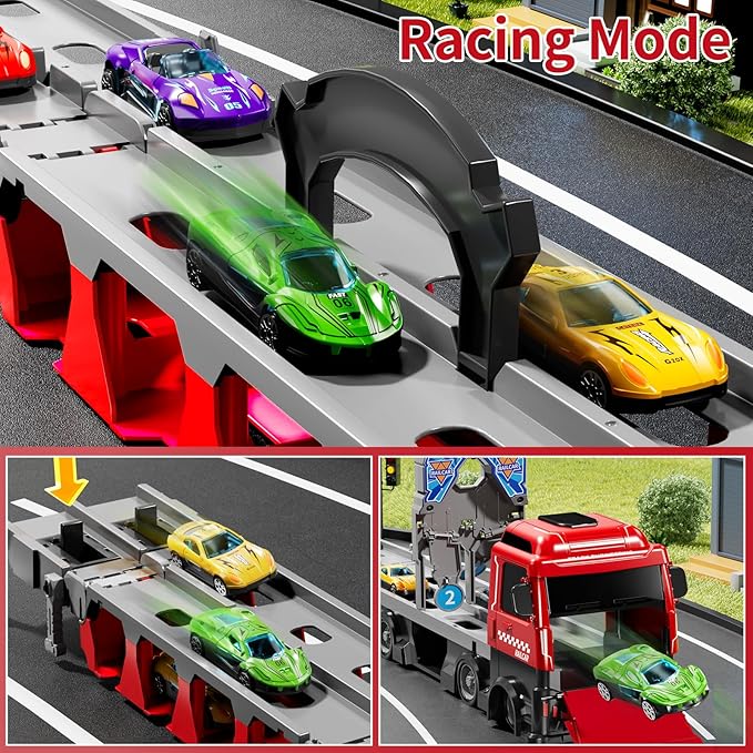 Toy Truck for 3 4 5 6 Years Old Kids Boys, 78-Inch Race Track Transport Vehicle and 12 Die-Cast Metal Toy Cars, Carrier Truck Toddler Truck Car Toys Set Gifts for Age 3-12 Years Old Kids Boys