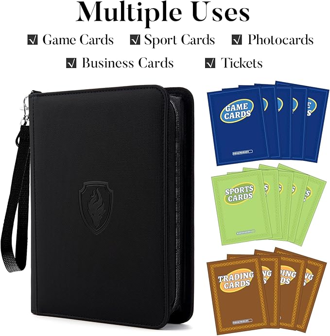 Fabmaker Premium 4 Pocket Zip Card Binder, Trading Card Binder for 320 Cards, Portable PU Card Collection Binder, Collector Card Album Folder for Game & Sports Cards (Black)