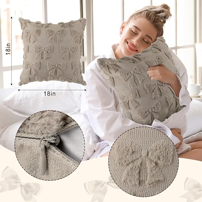 Mixweer Brown Bow Pillow Covers Set of 2 Preppy Room Decor Coquette Cute Spring Summer Decorative Faux Fur Soft Bowknot Stuff Fluffy Plush Aesthetic Pillowcase for Bed Sofa Couch (18 x 18 Inch)