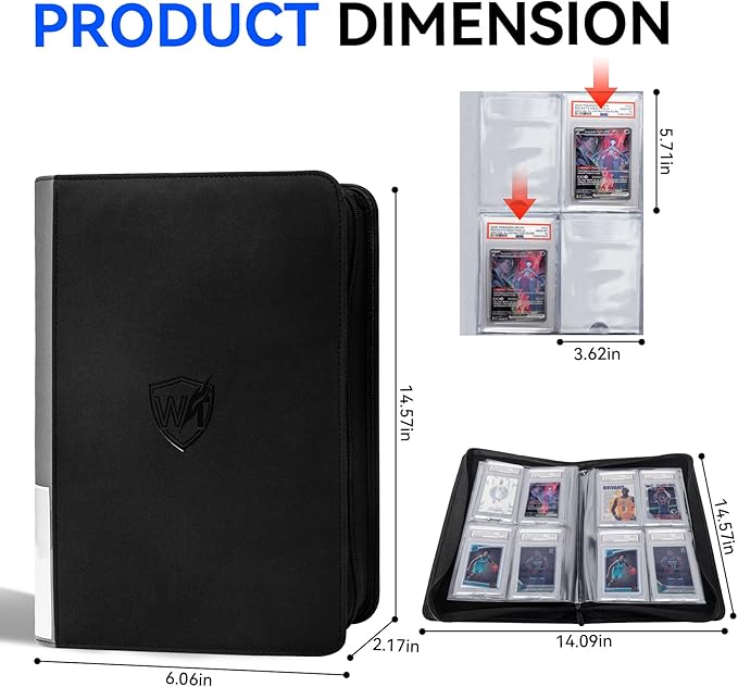 Graded Card Binder, Holds 40 PSA Slabs, 4 Pocket Slab Binder for PSA CGC CSG Slabs, Premium Ringless Zipper Card Collection Album,gray-black