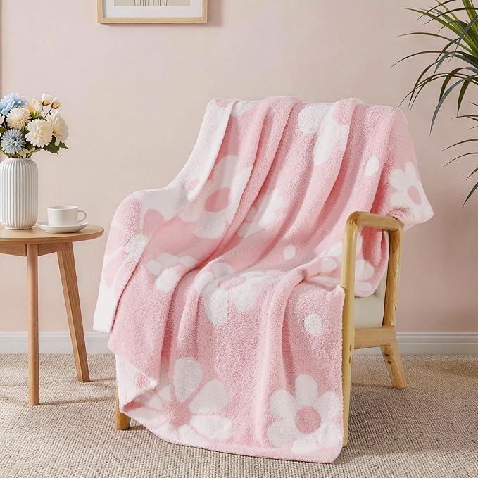 Soft Throw Blanket for Couch-Cozy Reversible Knitted Blankets | Lightweight Warm Fluffy Decor for Women, Mom, Her & Girls, Sofa, Chair, Bed, 50x70in,Daisy Floral Pink