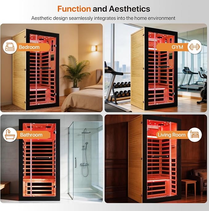OUTEXER One Person Sauna Far Infrared Saunas Room Obeche Wood 1350W Dry Saunas Spa with 7 Starry Sky Light 35.4 * 35.4 * 70.8inch