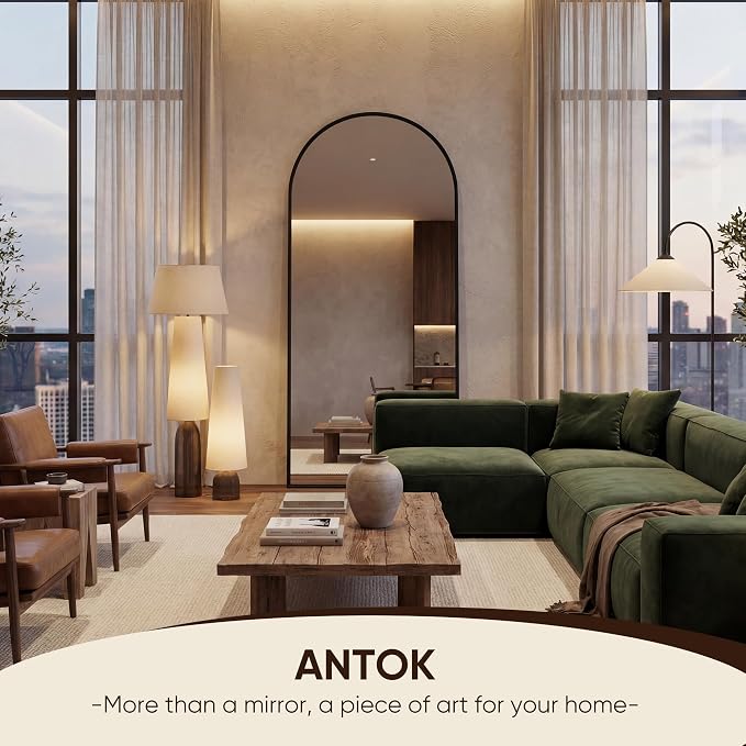 Antok 56" x14” Arched Full Length Floor Mirror, Black Aluminum Frame, Free Standing/Wall Mount/Leaning for Bedroom, Living Room, Dressing Room
