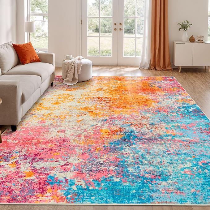 Rugflix 6x9 Area Rugs for Living Room, Washable Colorful Rainbow Large Rug | Machine Washable; Stain-Resistant; Low Pile; Non-Slip; Modern Abstract; Multi-colors Carpet for Nursery Girls Bedroom Home