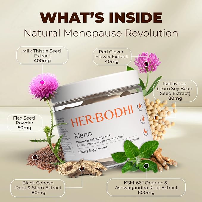 Her Bodhi Meno- Menopause Hormonal Balance for Women, Estrogen Soy Isoflavones Menopause Supplement for Women, Ashwagandha, Black Cohosh Hot Flashes Menopause Relief, Night Sweats Relief 180Caps