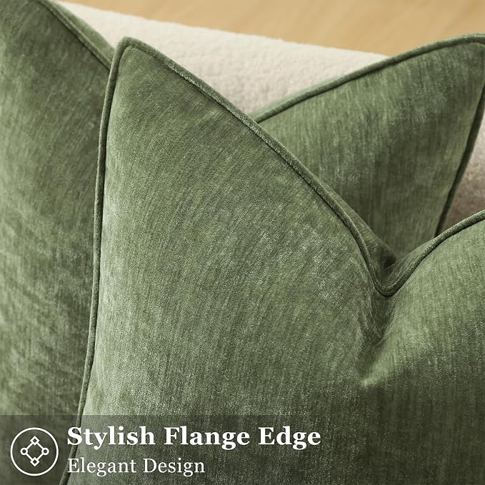 decorUhome Chenille Olive Green Velvet Throw Pillow Covers 24x24 Set of 2 | Fall Soft Euro Sham Couch Decorative Modern Farmhouse Pillow Cases with Elegant Design for Sofa Bed Living Room Home Decor