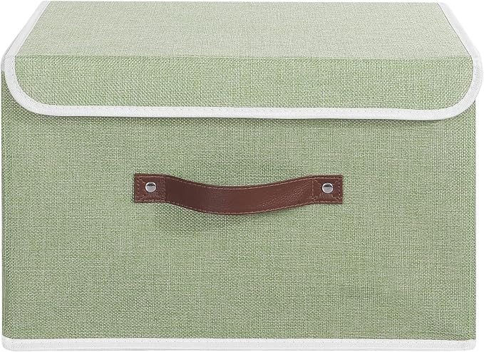 ANMINY Fabric Storage Box Bins with Lids, Green, 15"x10"x10" | Keepsake Memory Storage, Cotton Linen, PP Board Reinforced, Washable, PU Handles, Foldable & Stackable, Decorative, Large