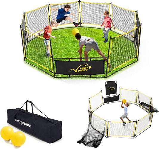 3-in-1 Portable Gaga Ball Pit with Hoop & Goals, 10ft Outdoor Game for Camp, School & Family Fun(10FT-Yellow&Black)