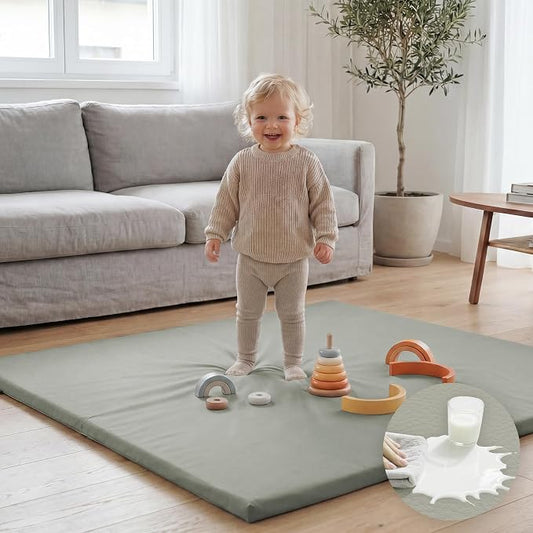 Huloo Sleep Baby Play Mat 47x47 Inches, 1.3" Thick Padded Waterproof Floor Cushion & Playpen Mat with Vegan Leather, Non-Slip & Non-Toxic Nursery Rug for Infants, Toddlers & Kids(Grey)