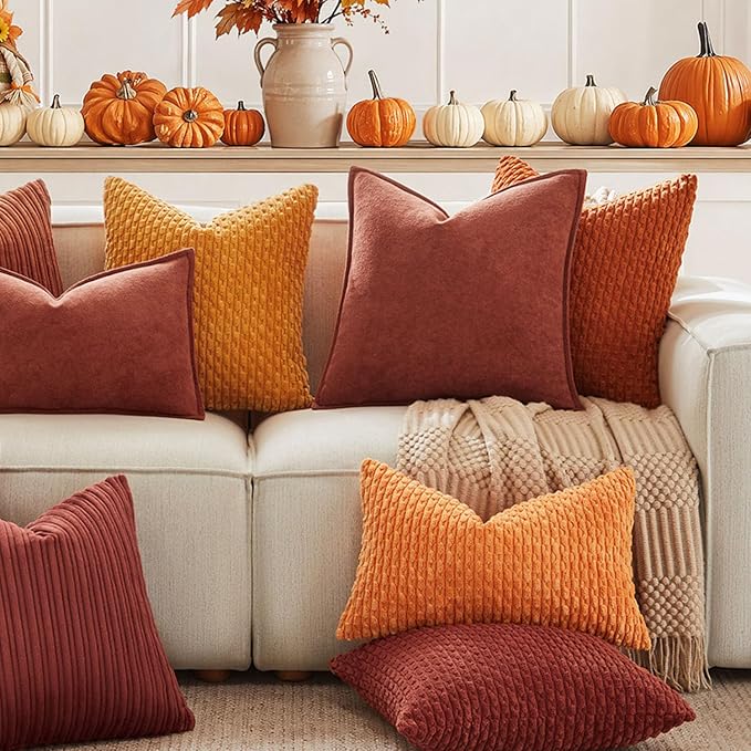Kevin Textile Soft Corduroy 12"x24" Lumbar Pillow Cover 1 Pack, Rust | Fall Boho Stripe Plush Corduroy Decorative Oblong Cushion Cover Modern Farmhouse Home Decor for Sofa Couch Bed Chair