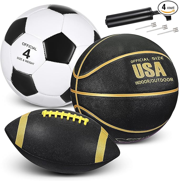 Libima 3 Pcs Sports Ball Set for Kids Teens Include Official Size 5 Basketball 4 Soccer 6 Football with Pump and Carry Bag Training Practice Sport Gift for Kids Teens Back to School