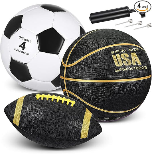Libima 3 Pcs Sports Ball Set for Kids Teens Include Official Size 5 Basketball 4 Soccer 6 Football with Pump and Carry Bag Training Practice Sport Gift for Kids Teens Back to School