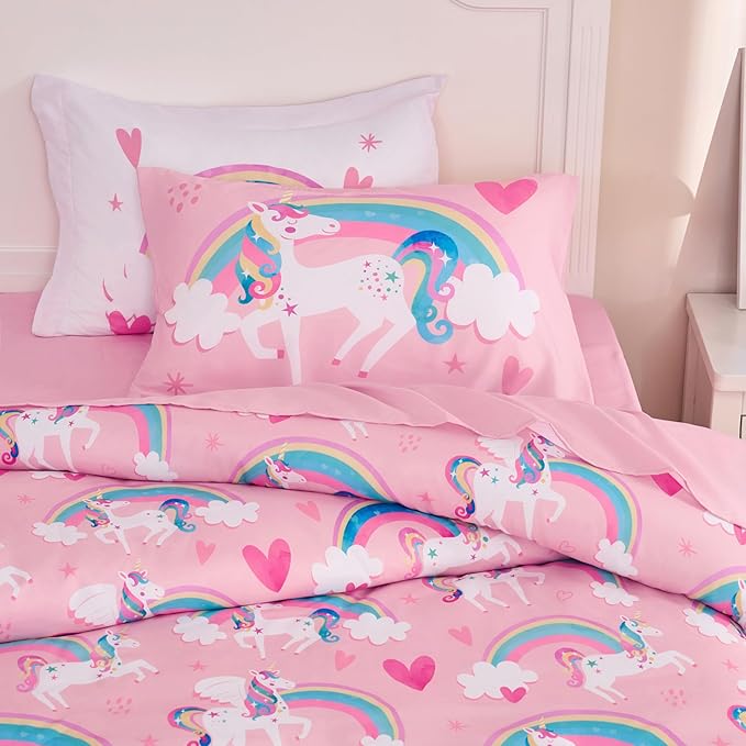 Joiedomi Kid Twin Comforter Set 5 Piece Unicorn Rainbow Bedding Set for Boys/Girls Super Soft Microfiber Bed in a Bag with Comforter Sheets Pillowcase & Sham