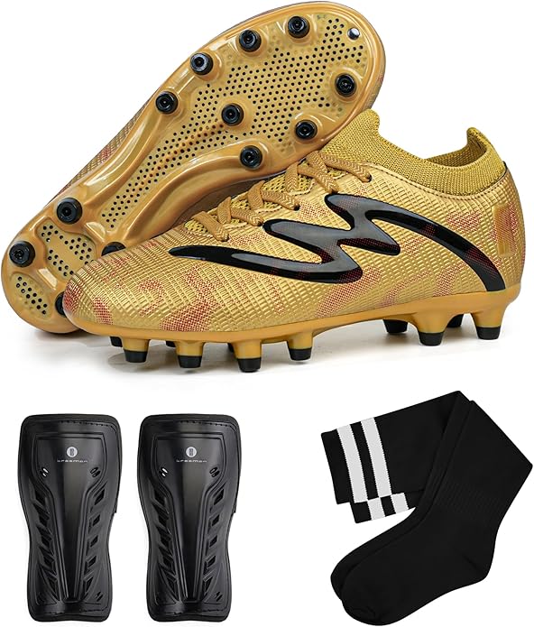 brooman Kids Firm Ground Soccer Cleats Boys Girls Football Shoes with Shin Guards and Soccer Socks