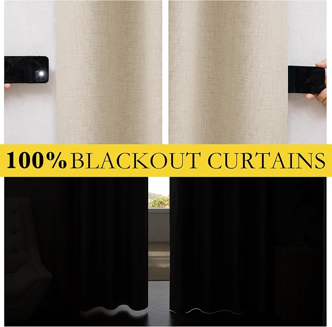 NICETOWN Beige Bedroom Full Blackout Linen Curtains, Thick Insulated Classic Rod Pocket Back Tab Blackout Draperies with White Thermal Insulated Liner for Nursery, Study (Set of 2, 52 by 72-inch)