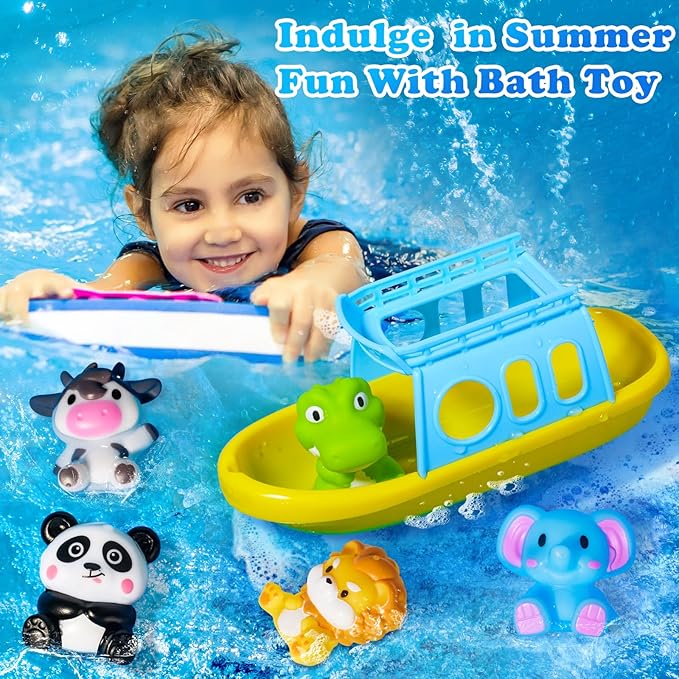 Oriate Bath Toys Set for 1+ Year Old, 5PCS Mold Free Silicone Animal Finger Puppets with BPA Free Boat, Montessori Sensory Learning Water Pool Bathtub Beach Toy, Summer Party Favors for Kids Toddlers