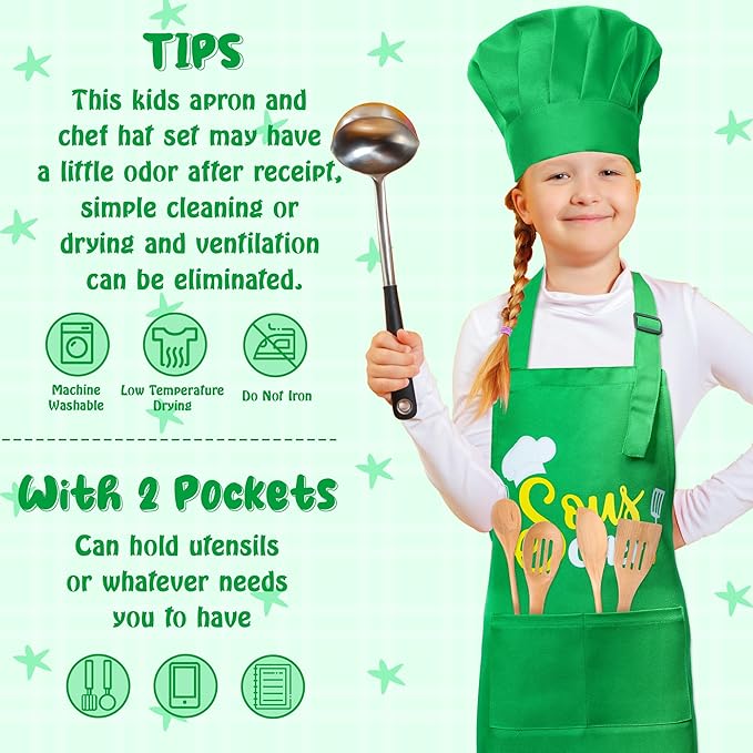 Kid Apron and Chef Hat Set - R HORSE 2Pcs Adjustable Children Green Kitchen Apron, Dress up Role Play Chef Toy Cooking Baking Painting and Training Kits Kid Funny Cooking Gift Birthday Gift for Kids