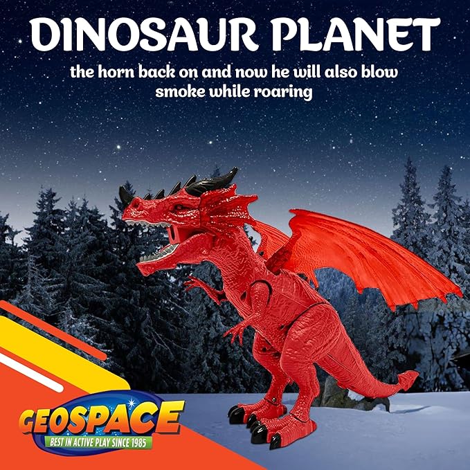 Geospace New Dragon Walking Dinosaur Toy – Smoke Breathing Fire Dragon Toy for Kids 3 & up, Walking Dinosaur Toys with Lights, Roaring Sound, Dragons Action Figure, Dragons for Gift (Firestorm)