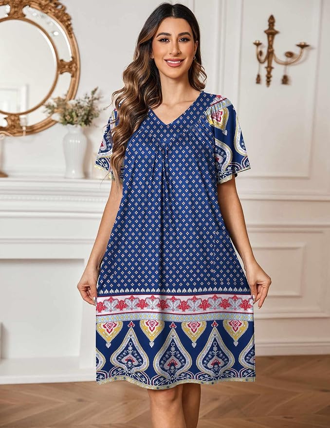 Ekouaer Womens House Dress Floral Print Nightgown with Pockets Mumu Dress