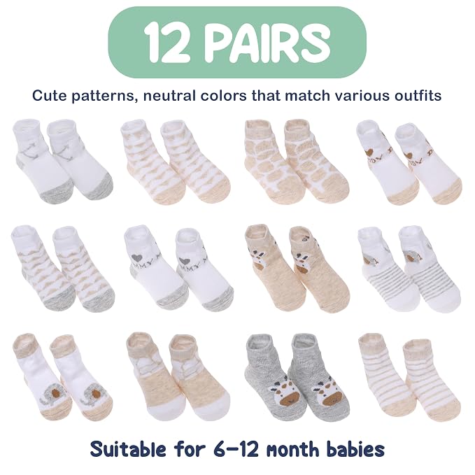 Mother's Choice Organic Cotton Baby Socks 6-12 Months - 12 pairs Soft and Cozy Baby Sock, Gentle Newborn Socks, Ideal Baby Gift, Infant Footwear for Everyday Comfort and Little Ones’ Feet
