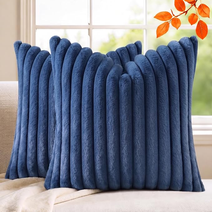 Pack of 2 Throw Pillow Covers 20x20 Decorative Solid Plush Faux Fur with Soft Velvet Back, Square Striped Cushion Cases Modern Farmhouse Home Decor for Living Room Couch Sofa Bed Navy Blue