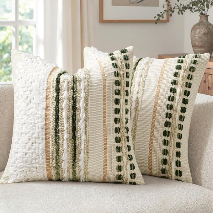 ANRODUO Boho Decorative Throw Pillow Covers Plush Green 20x20 Pack of 2 | Chenille Tufted Couch Pillow Covers, Farmhouse Pillow Covers, Accent Neutral Pillowcase, Cushion Covers for Couch Sofa Bed