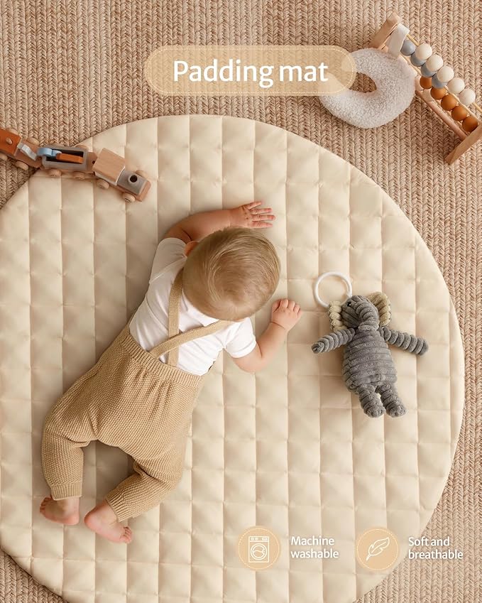 Blissful Diary Baby Play Gym Mat, Tummy Time Activity Mat with 6 Detachable Toys for Stage-Based Sensory & Motor Skill Development, Easy to Install & Clean, Baby Essentials Gift, Sandy Beige