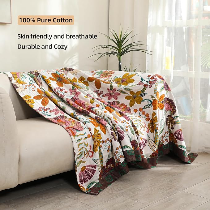VANJOROY Queen Boho Throw Blanket for Bed, 100% Cotton Muslin Soft Throw-Floral Farmhouse Rustic Decor Blanket for Couch Sofa Quilt and Gift, 80" x 90"-BeigeWhite