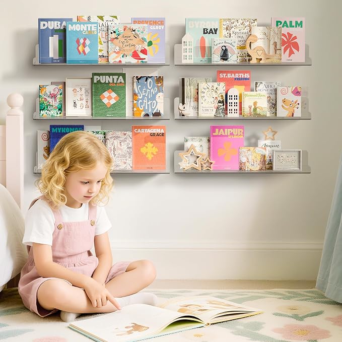 upsimples 15" x 4" Acrylic Shelves for Wall Storage and Organizer, 6 Pcs | Versatile Clear Floating Bedroom Shelves for Figures & Collectibles, Kids Bookshelf, Invisible for Displaying, Room Décor