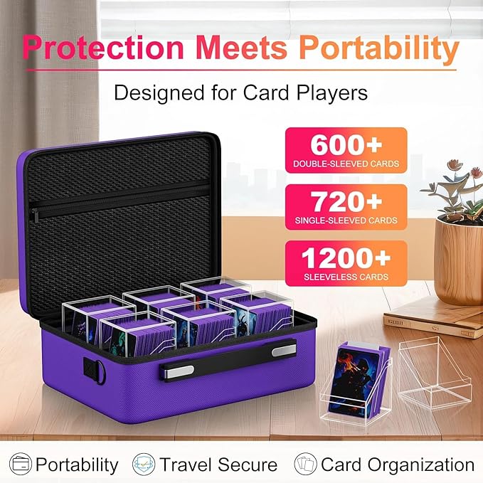 Proijeut Card Deck Box with Portable Case, 6 Pack Clear Commander Deck Box with 6 Dividers, Holds 600+ Double Sleeved Cards, Fit for MTG, YuGiOh, TCG (Purple)