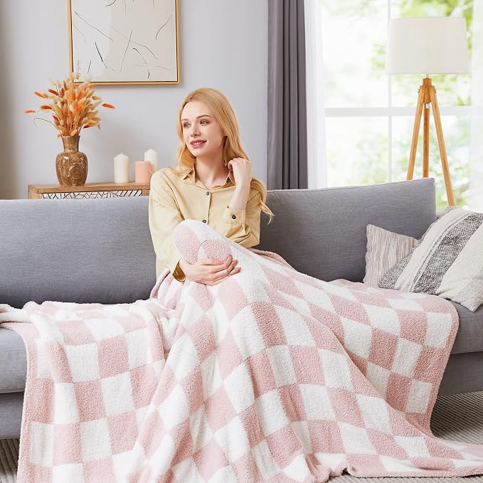 Soft Checkered Throw Blanket for Couch-Cozy Warm Knitted Blankets | Lightweight Warm Fluffy Decor for Women, Mom, Her & Girls, Sofa, Chair, Bed, 50x60in,Pink