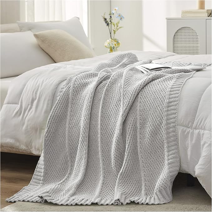 Knit Throw Blanket, Soft Chenille Cozy Breathable Chevron Chunky Decorative Blanket for Couch, Bed & Sofa, French-Inspired Lightweight Warm Gift for Women, Light Gray, 60"x80"