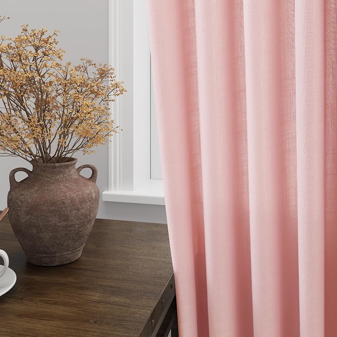Nanspring Pink Linen Curtains 96 Inches Long 2 Panels Set for Baby Girl Bedroom Back Tab Rod Pocket Semi Sheer Light Filtering Drape for Bedroom Home Decor Protect Privacy 52x96