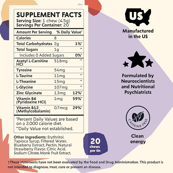 PYM Mood & Focus Chews Variety Pack, 60 Count | Berry & Citrus Mood Chews + Attention Chews | GABA, L-Theanine, L-Carnitine | Vegan, Non-GMO, Caffeine-Free