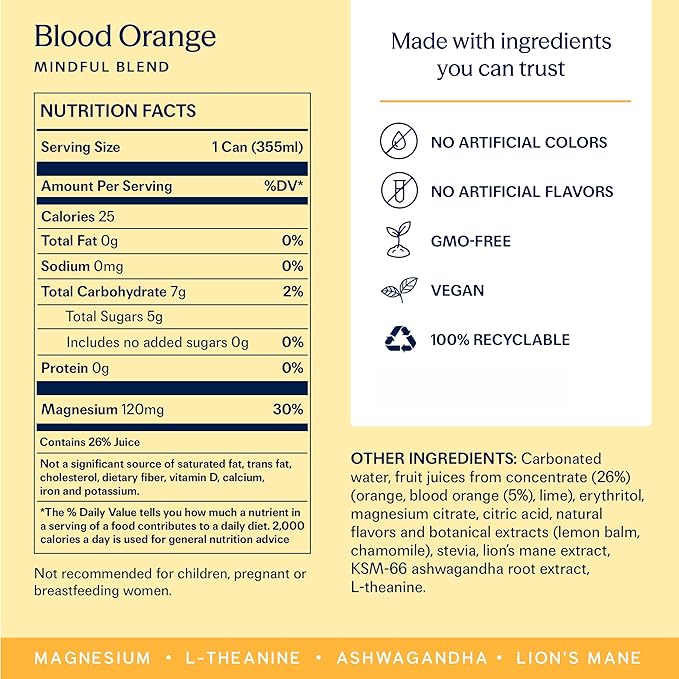 TRIP Lightly Sparkling Adaptogen Drink, Non Alcoholic Drink with Magnesium, Ashwagandha, Lions Mane & L Theanine, No Added Sugar Mocktail, Vegan, Blood Orange, 12 Oz, 12Pk