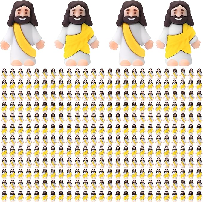 Bememo 300 Pcs Little Jesus Figures Bulk Original Design Mini Pocket Jesus Toys Rubber Figurine to Hide and Seek Religious Party Favors Sunday School Craft Baptism Gifts(Yellow)