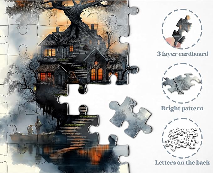Fantasy Treehouse Puzzles for Adults 1000 Pieces, Nature Tree Art Jigsaw Puzzle with Forest Cottage, Sunset Sky, Dreamy Lake Aesthetic Puzzle, Hard Challenging Puzzle for Adults