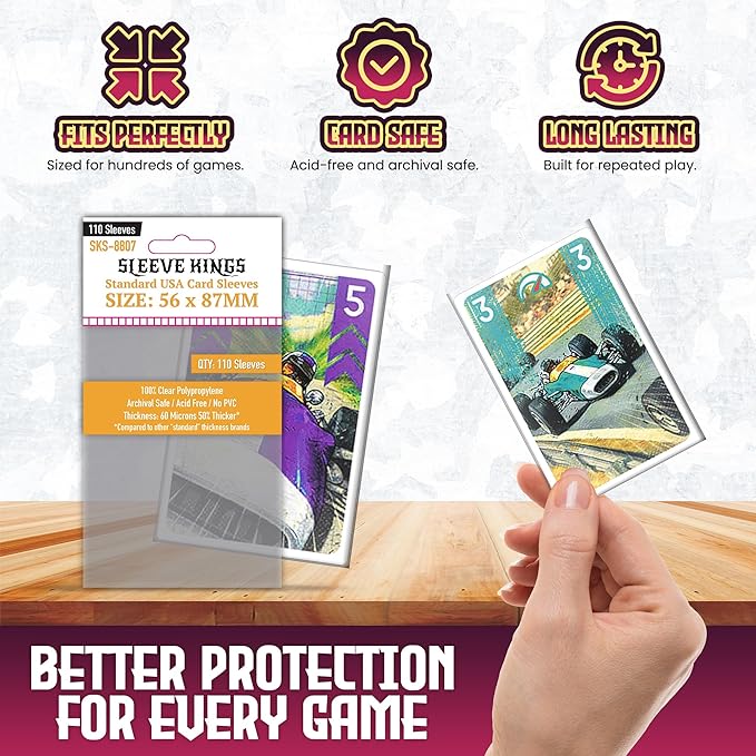 Sleeve Kings Standard Card Sleeves – 110 Count, Clear 60 Micron Thickness, Medium USA Size (56 x 87 mm), Compatible with Heat: Pedal to the Metal & More – SKU: SKS-8807