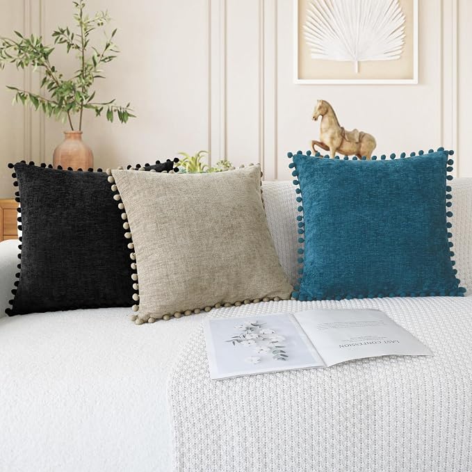 CaliTime Decorative Couch Throw Pillow Covers 22 X 22 Inches Black | Pack of 2, Cozy Chenille Cushion Cases, with Pom Poms for Sofa Bed Living Room Farmhouse Home
