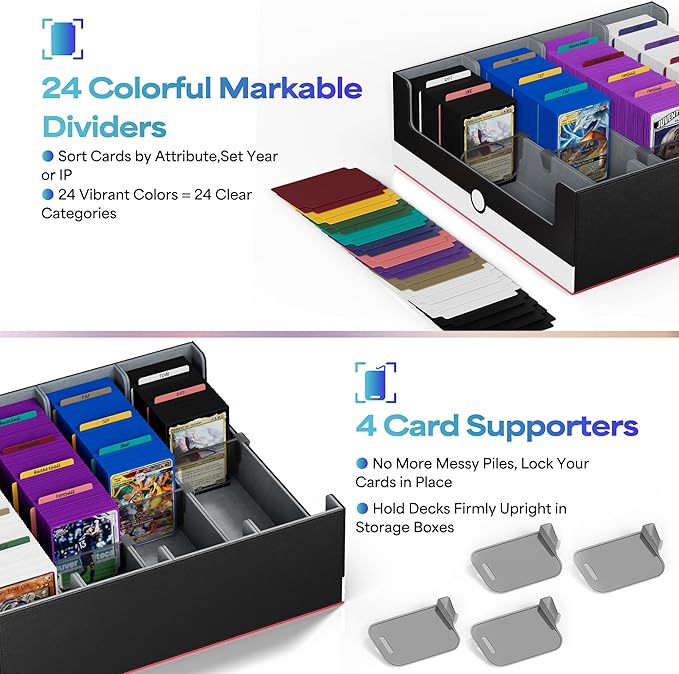 UAONO Trading Card Storage Box, Holds 2400 Sleeved Cards with 24 Dividers & 4 Stoppers, Magnetic Closure PU Leather Card Case for MTG, PTCG, YGO, Sports Cards (Red&White)