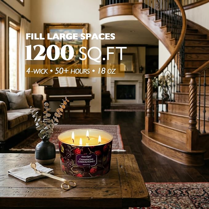 HomeLights Scented Candles for Women & Men, 18oz Candle Jars Aromatherapy 4-Wick Candle, Ideal for Eclectic Mixed Styles Home Decor and Gifts, Champagne Cassis & Honey