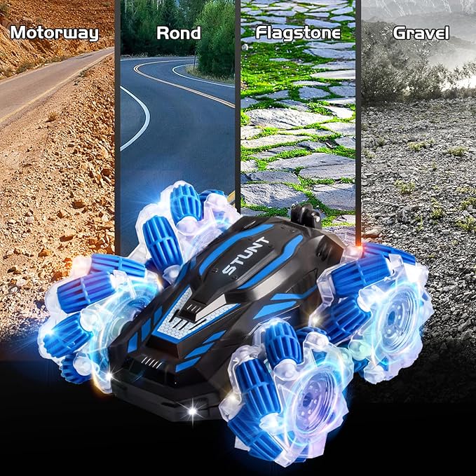 YEMIAI Remote Control Car, 2.4 Ghz 4WD Gesture Sensing RC Stunt Car, Double Sided 360° flip, with Cool Lights and Music, Birthday Present Toys Car for Boys SND Girls Aged 5-12 (Blue)