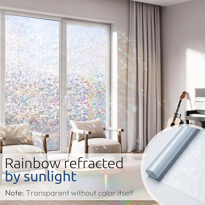 rabbitgoo Rainbow Window Privacy Film, Stained Glass Cling, 23.6" x 78.5" | Decorative Static Sticker, Non-Adhesive Reusable Window Tint, Heat Control UV Blocking Coverings for Home Doors, Living Room