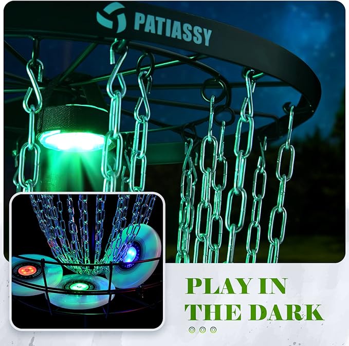 Disc Golf Basket with 24/12 Heavy Duty Chains, Disc Golf Target with Adjustable Height/Sound Reducer & Remote LED Light & Light Up Discs, Durable Practice Goal with Ground Stake for Backyard